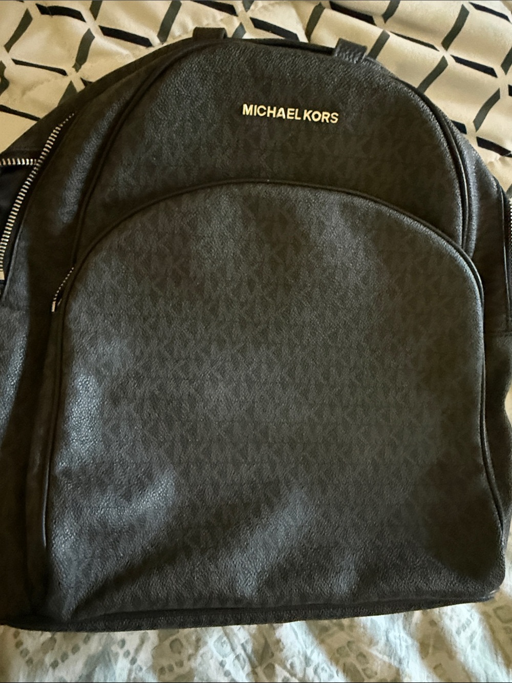 Michael Kors Black Monogram Logo Backpack with Gold Tone Hardware